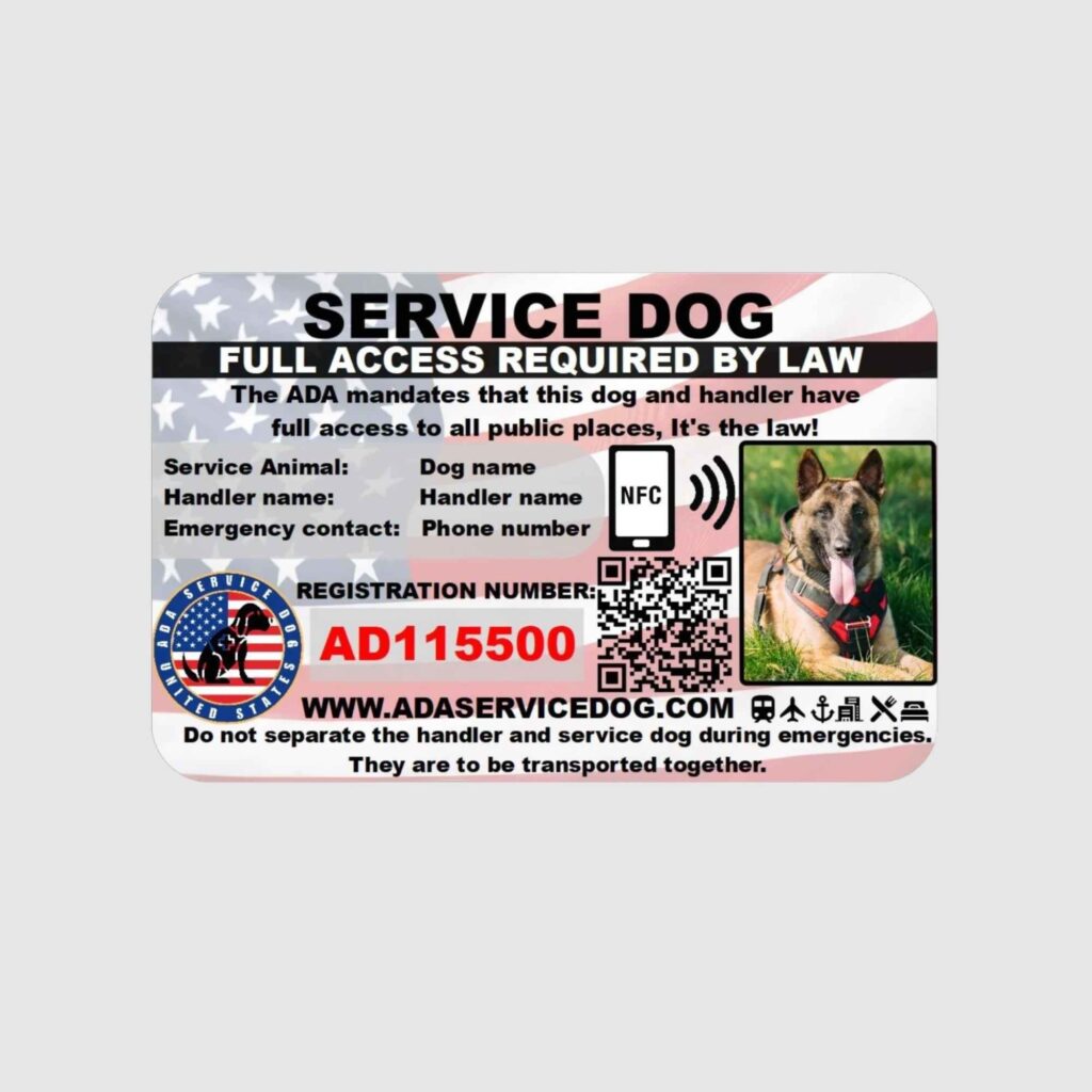 ADA Service Dog ID Card, a real PVC photo card with NFC chip, QR code, and registration number